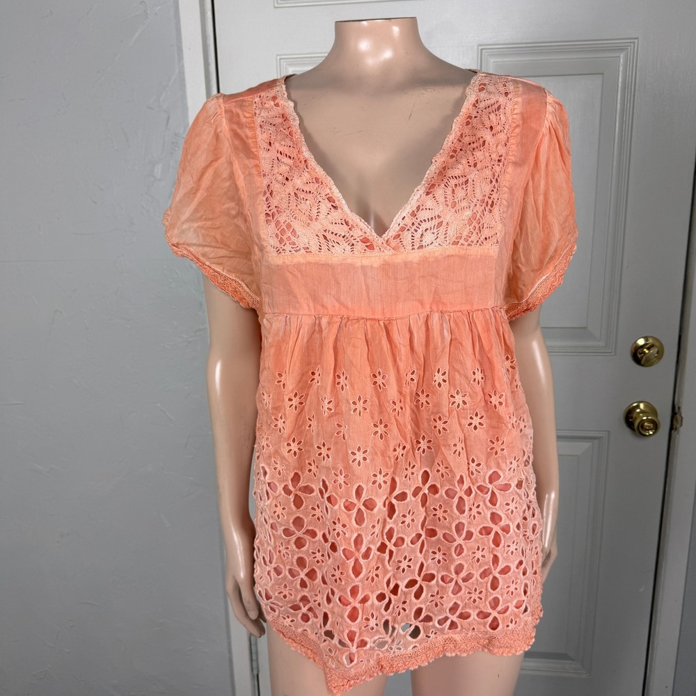 Sundance Women's Shirt XL Silk Short sleeve Floral Bohemian Cotton Eyelet Z4-10